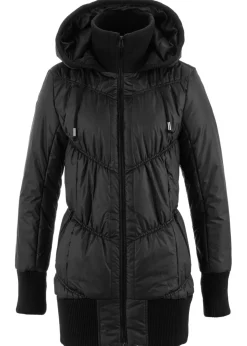 bonprix bonprix Abrigo acolchado con cinturilla cómoda ancha y capucha Negro Clearance