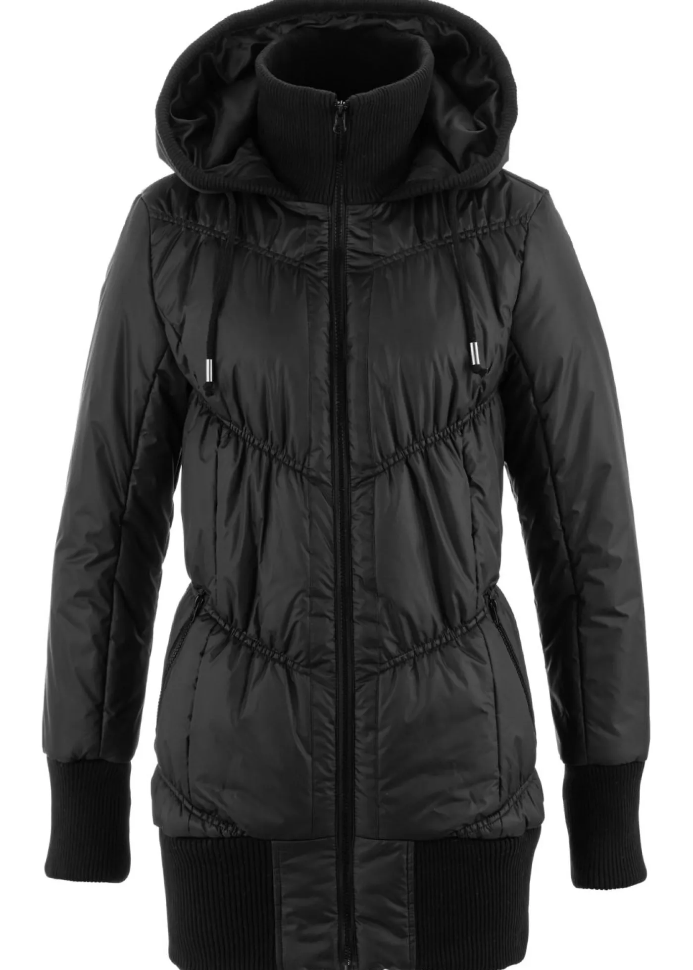 bonprix bonprix Abrigo acolchado con cinturilla cómoda ancha y capucha Negro Clearance