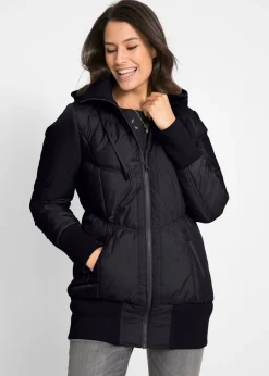 bonprix bonprix Abrigo acolchado con cinturilla cómoda ancha y capucha Negro Clearance