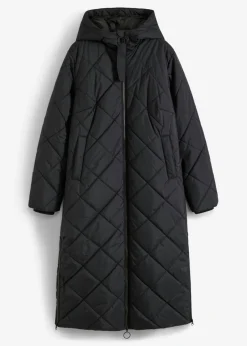 bonprix bonprix Abrigo acolchado y guateado, largo y con capucha Negro Clearance