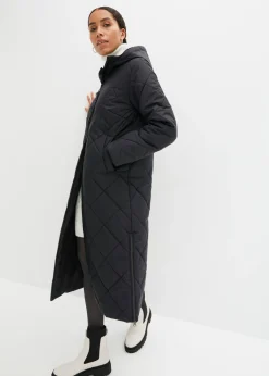 bonprix bonprix Abrigo acolchado y guateado, largo y con capucha Negro Clearance