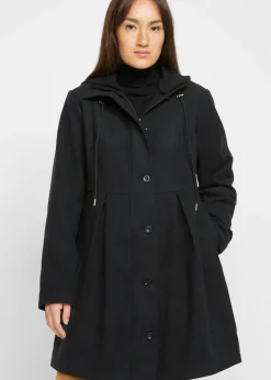 bonprix bonprix Abrigo con capucha y pinzas Negro Discount