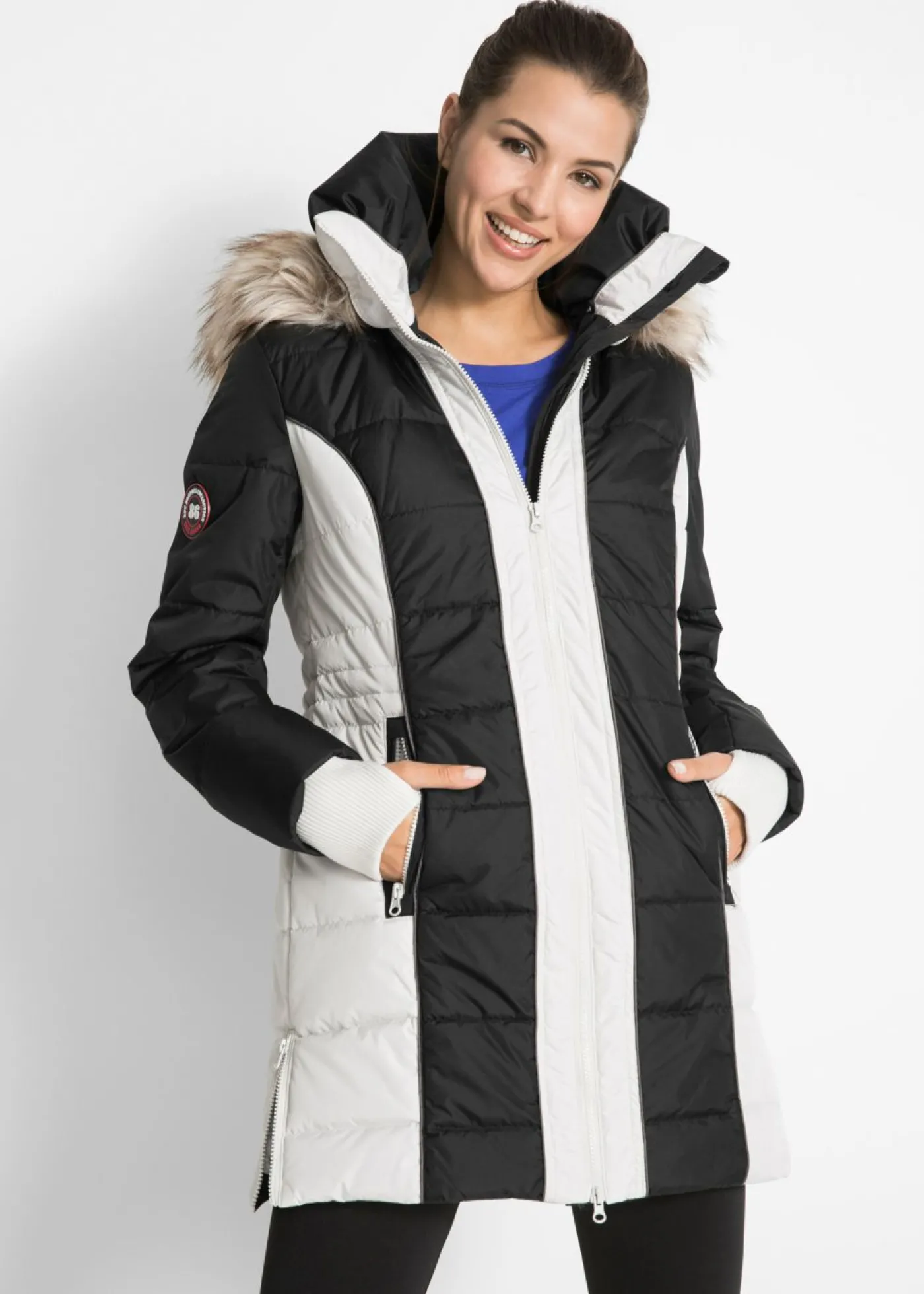 bonprix bonprix Abrigo corto para exteriores con pelo sintético y material impermeable Negro-plata New