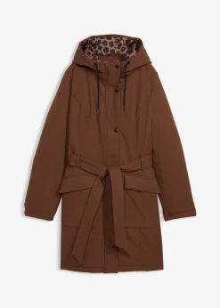bonprix bonprix Abrigo corto para exteriores con cinturón, material impermeable y forro de leopardo marrón