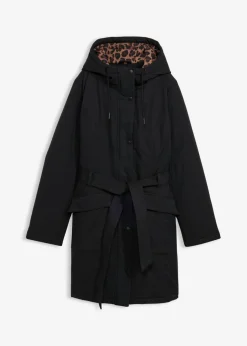 bonprix bonprix Abrigo corto para exteriores con cinturón, material impermeable y forro de leopardo Negro Outlet