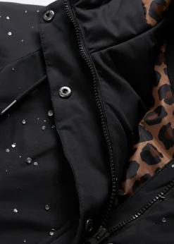 bonprix bonprix Abrigo corto para exteriores con cinturón, material impermeable y forro de leopardo Negro Outlet