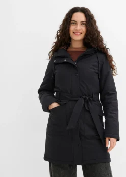 bonprix bonprix Abrigo corto para exteriores con cinturón, material impermeable y forro de leopardo Negro Outlet