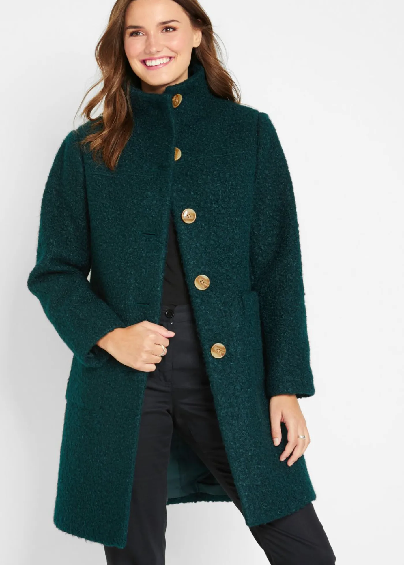 bonprix bonprix Abrigo de bouclé con bolsillos Verde petróleo Outlet