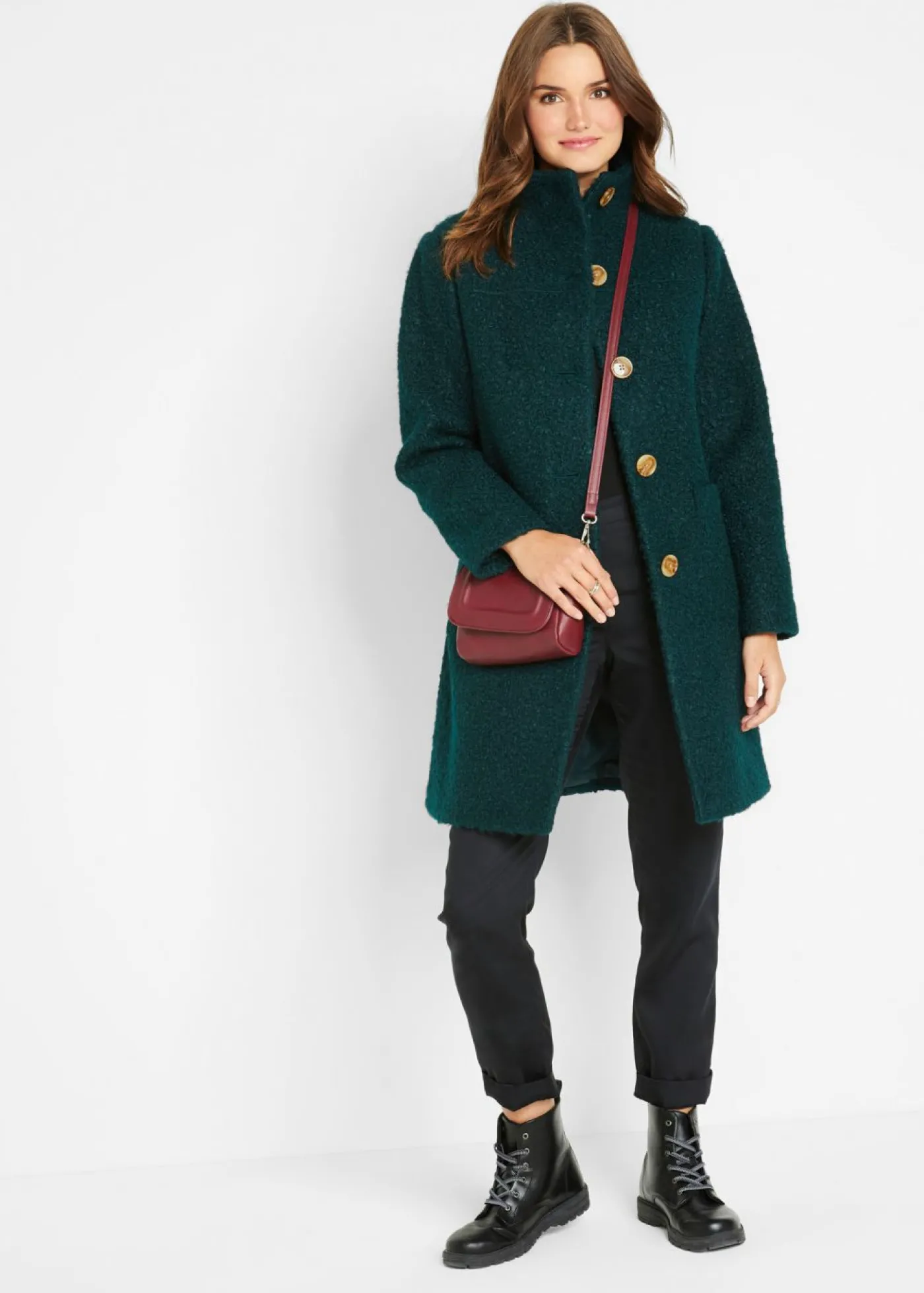 bonprix bonprix Abrigo de bouclé con bolsillos Verde petróleo Outlet