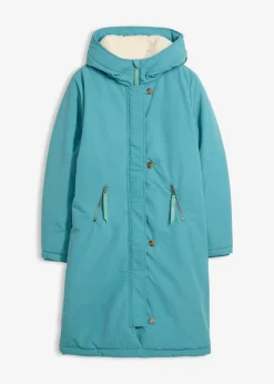 bonprix bonprix Abrigo de invierno con forro de peluche en la capucha Verde azulado New