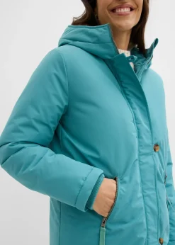 bonprix bonprix Abrigo de invierno con forro de peluche en la capucha Verde azulado New