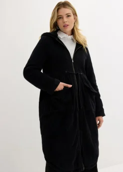 bonprix bonprix Abrigo de pana de algodón puro con capucha de pelo Negro Clearance