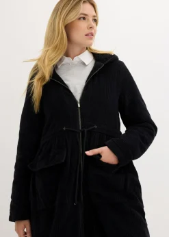 bonprix bonprix Abrigo de pana de algodón puro con capucha de pelo Negro Clearance