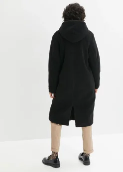 bonprix bonprix Abrigo de pelo con capucha y bolsillos Negro Hot