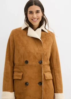 bonprix bonprix Abrigo de piel sintética en forro cálido marrón coñac-beige natural Outlet