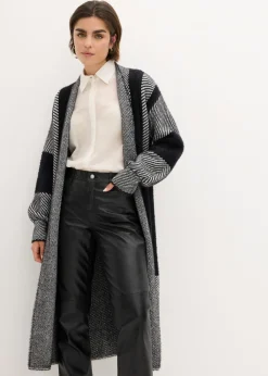 bonprix bonprix Abrigo de punto Negro-blanco lana