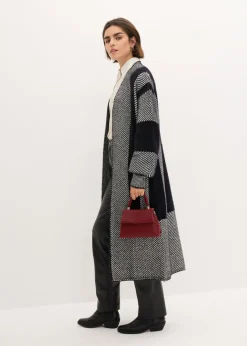 bonprix bonprix Abrigo de punto Negro-blanco lana