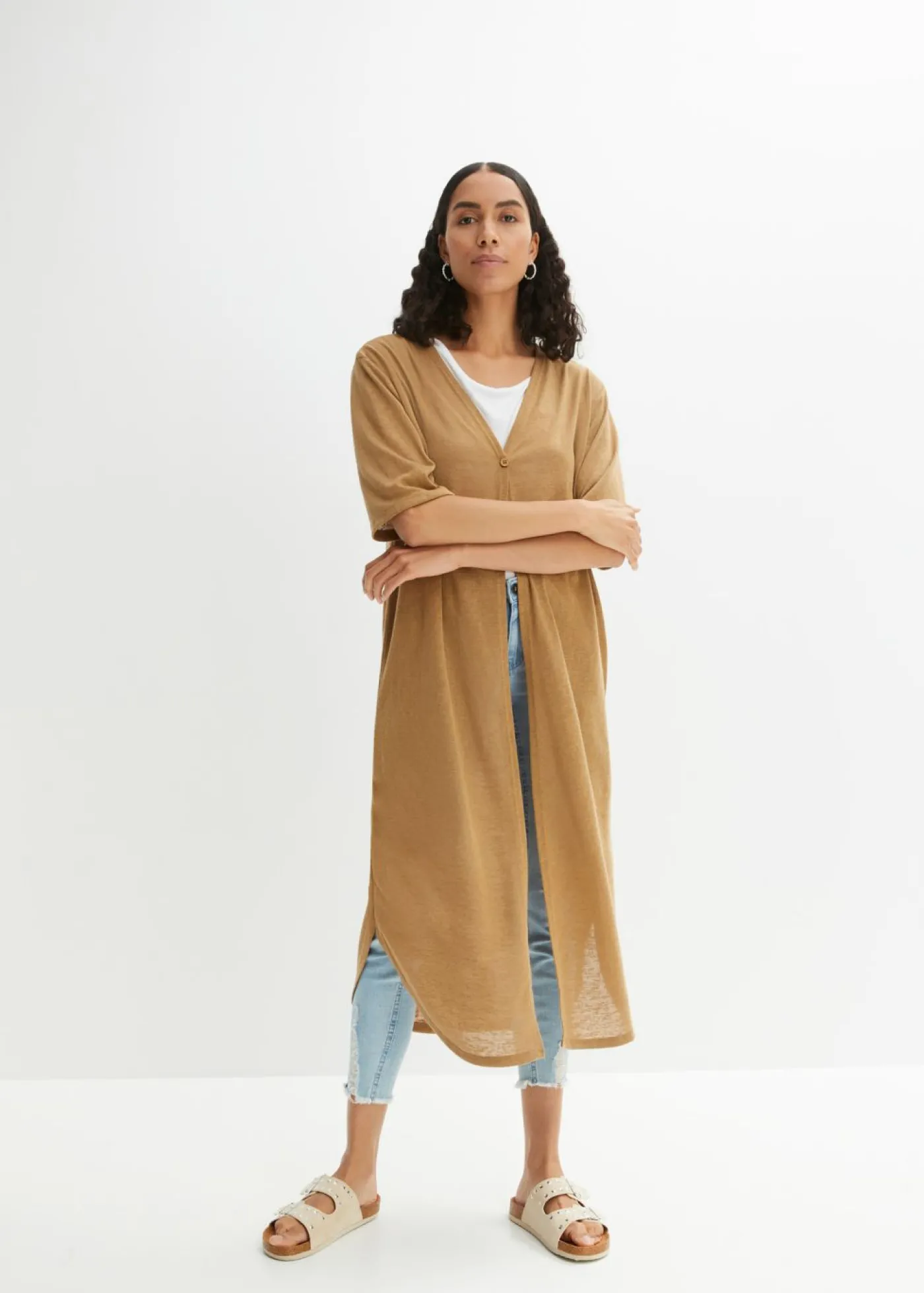 bonprix bonprix Abrigo de punto con aspecto de lino Beige Discount