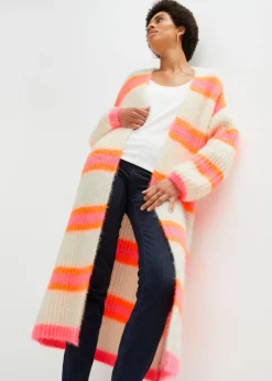 bonprix bonprix Abrigo de punto oversize blanco empolvado/rosa caliente/naranja fosforito rayas horizontales Best