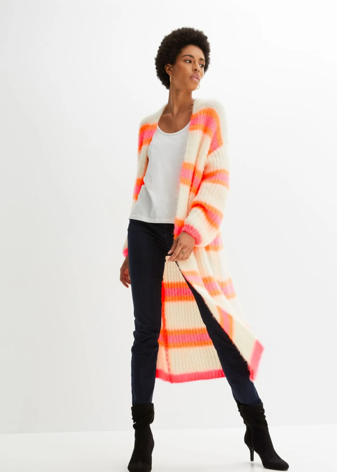 bonprix bonprix Abrigo de punto oversize blanco empolvado/rosa caliente/naranja fosforito rayas horizontales Best