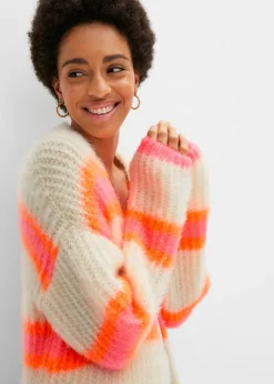 bonprix bonprix Abrigo de punto oversize blanco empolvado/rosa caliente/naranja fosforito rayas horizontales Best