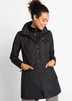 bonprix bonprix Abrigo funcional de entretiempo con capucha, aspecto 2 en 1, impermeable Negro Clearance
