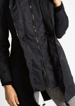 bonprix bonprix Abrigo funcional de entretiempo con capucha, aspecto 2 en 1, impermeable Negro Clearance