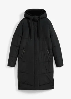 bonprix bonprix Abrigo guateado con forro polar en la capucha Negro New