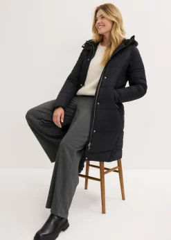bonprix bonprix Abrigo guateado con forro polar en la capucha Negro New