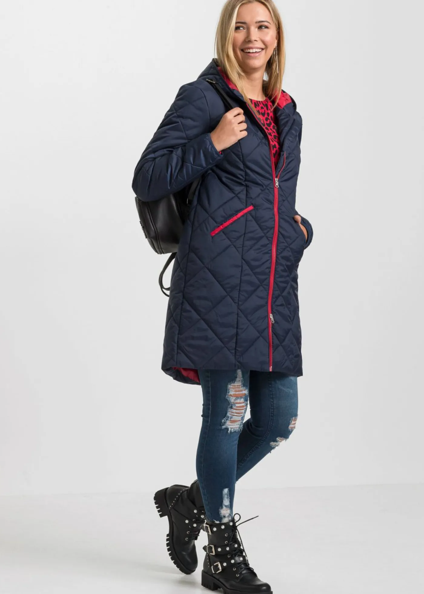 bonprix bonprix Abrigo guateado en dos colores Azul marino-rojo oscuro Best