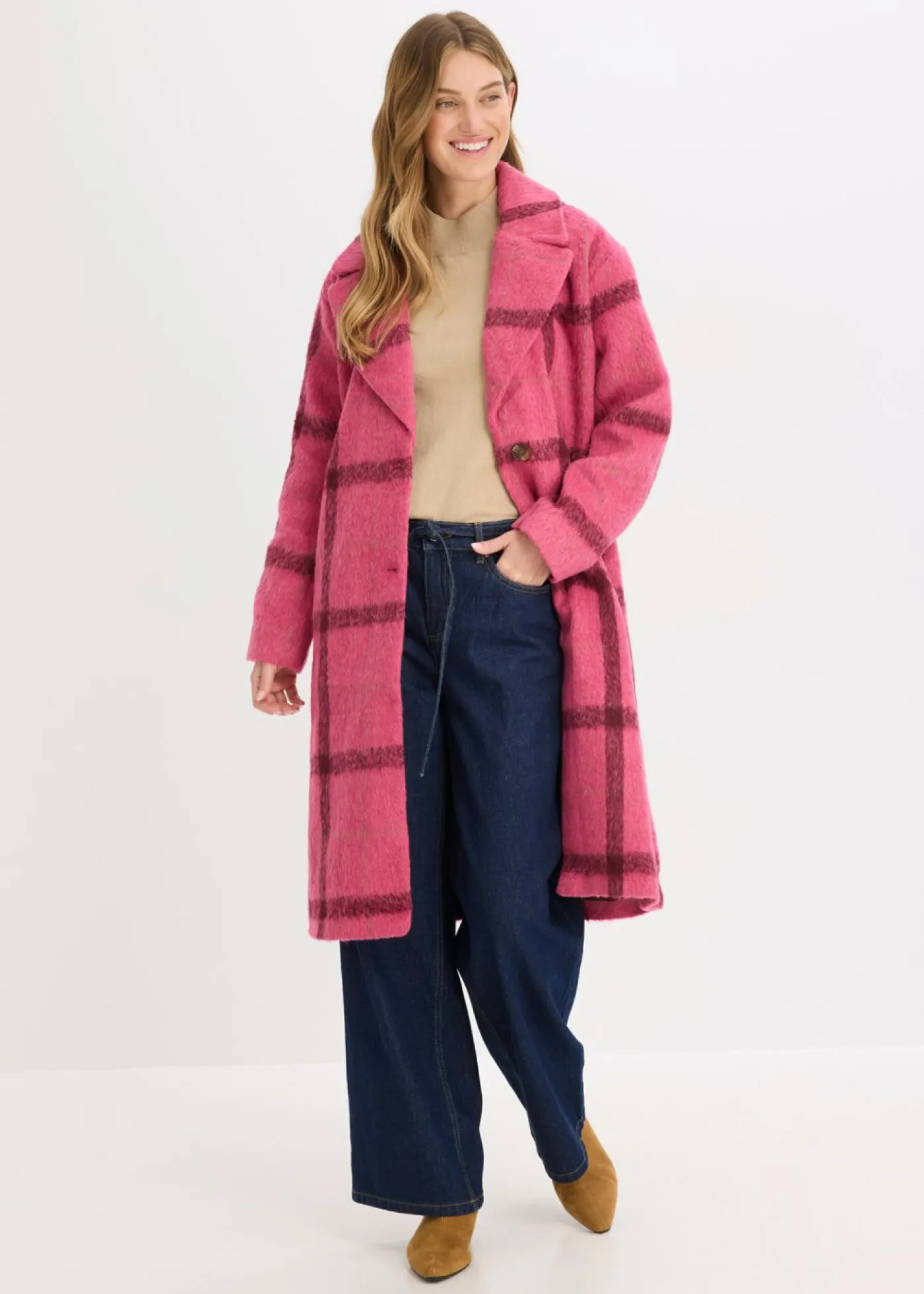 bonprix bonprix Abrigo holgado con aspecto de lana rosa caliente-burdeos a cuadros Sale