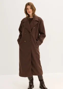 bonprix bonprix Abrigo holgado con aspecto de lana Marrón oscuro Sale