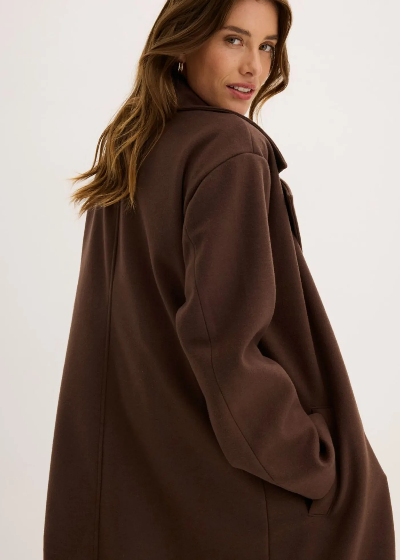 bonprix bonprix Abrigo holgado con aspecto de lana Marrón oscuro Sale