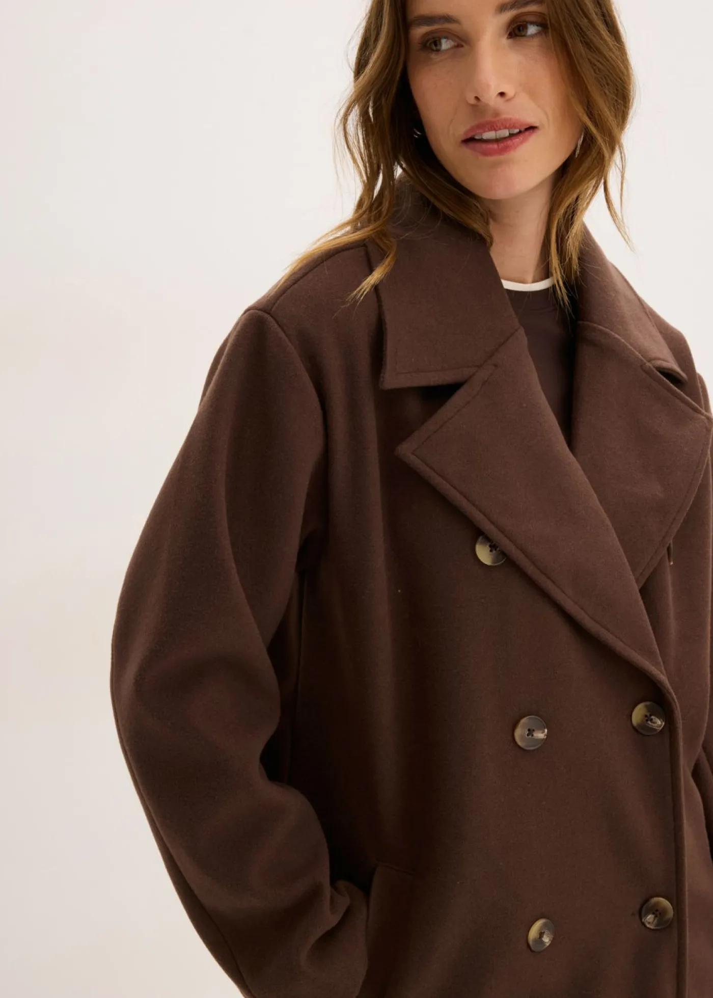 bonprix bonprix Abrigo holgado con aspecto de lana Marrón oscuro Sale