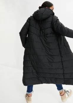 bonprix bonprix Abrigo largo guateado con capucha Negro Discount