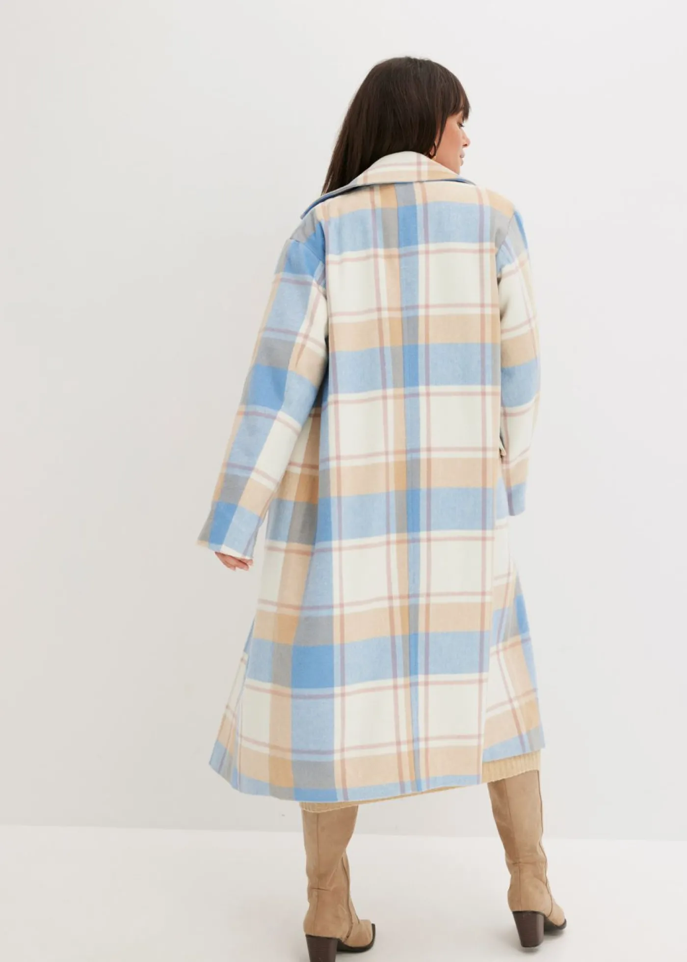 bonprix bonprix Abrigo oversize con look de lana azul brillante-blanco lana-café con leche-rosa palo a cuadros Sale