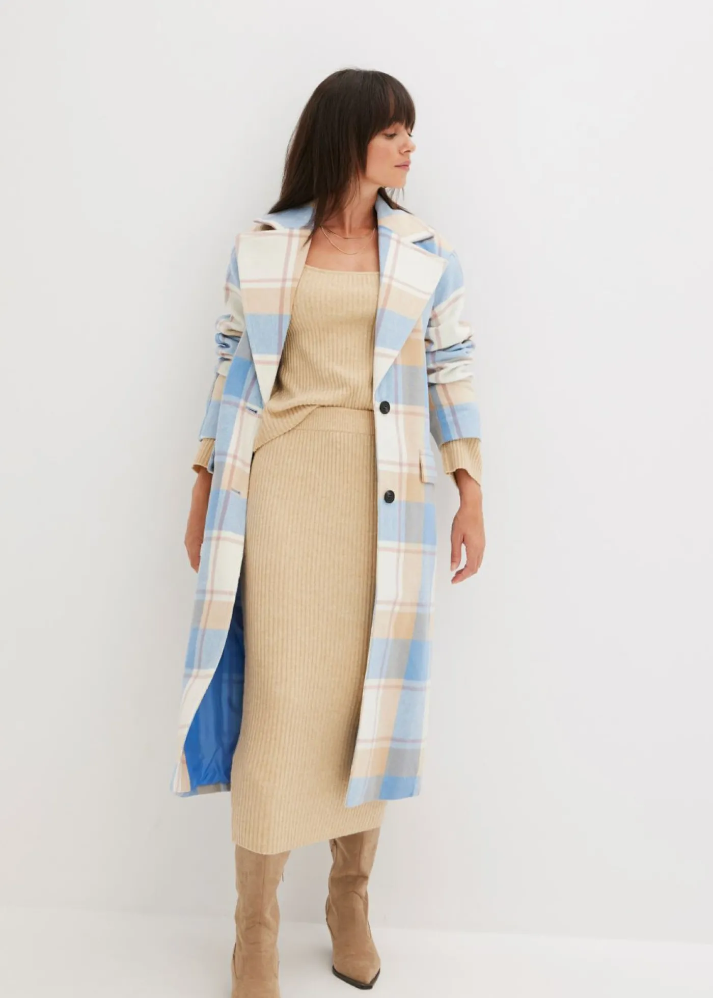 bonprix bonprix Abrigo oversize con look de lana azul brillante-blanco lana-café con leche-rosa palo a cuadros Sale