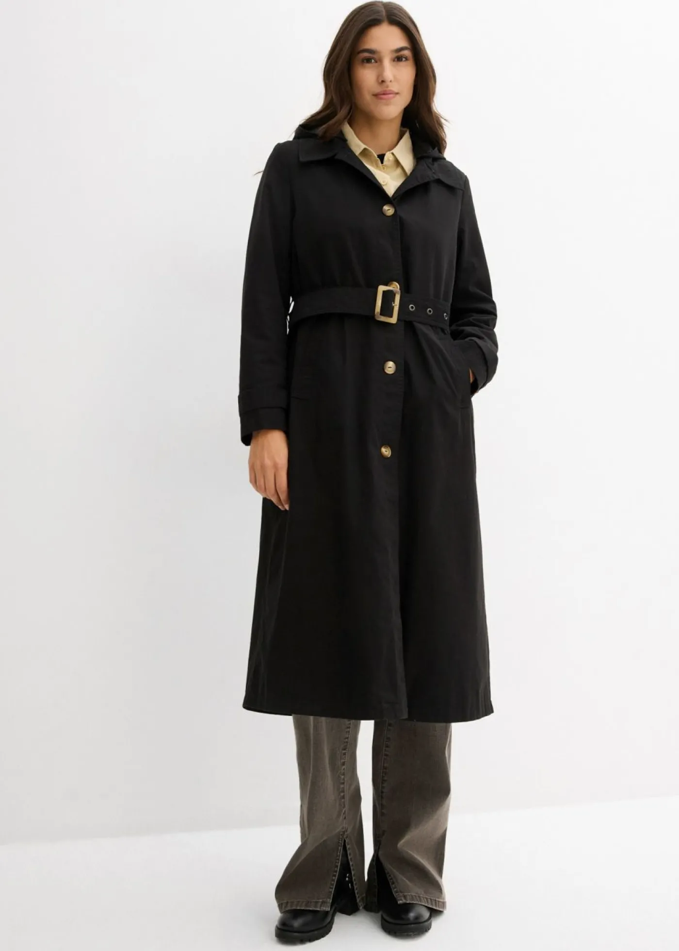bonprix bonprix Abrigo tipo trenka con capucha desmontable Negro Online