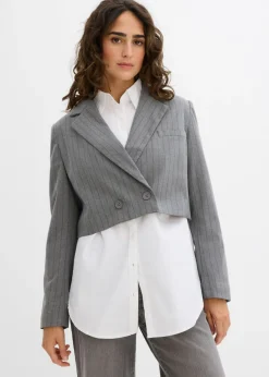 bonprix bonprix Americana corta con cuello de solapa gris ahumado-pizarra con rayas Online