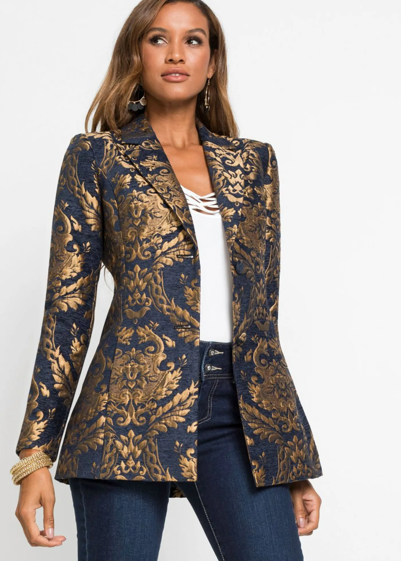 bonprix bonprix Americana de jacquard brillante Azul-dorado con estampado gráfico Best