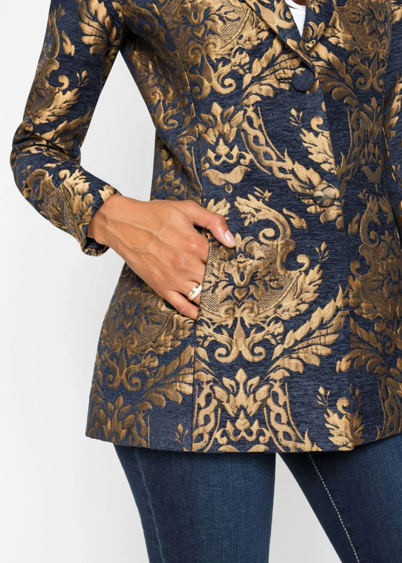 bonprix bonprix Americana de jacquard brillante Azul-dorado con estampado gráfico Best