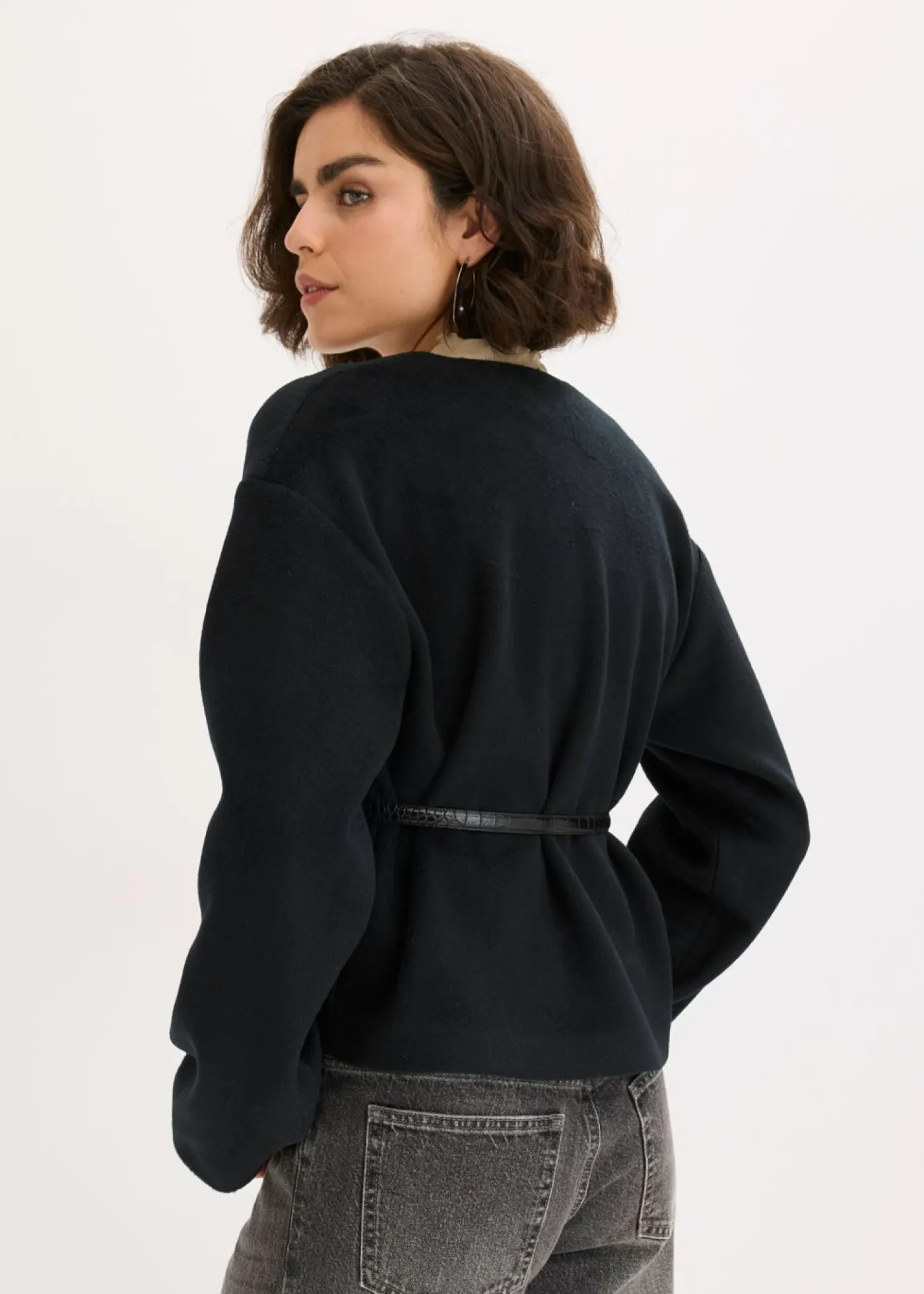 bonprix bonprix Americana oversized con cinturón en efecto lana, sin forro Negro Clearance