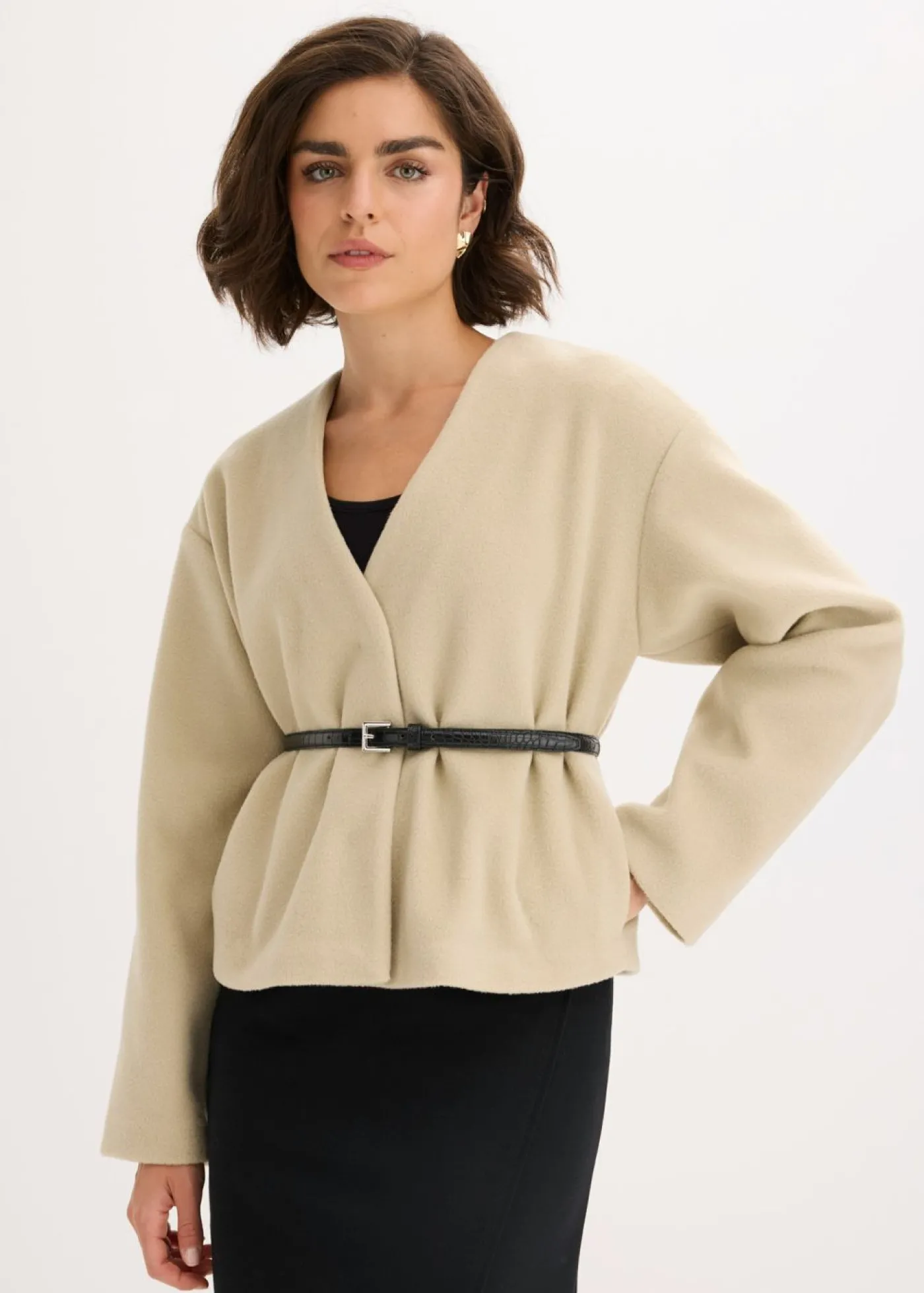 bonprix bonprix Americana oversized con cinturón en efecto lana, sin forro Verde aceite Discount