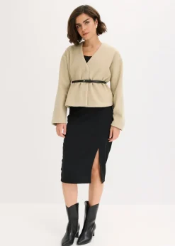 bonprix bonprix Americana oversized con cinturón en efecto lana, sin forro Verde aceite Discount