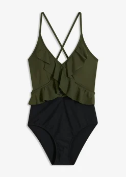 bonprix bonprix Bañador con abertura y volantes Caqui-negro Online