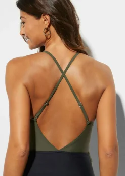 bonprix bonprix Bañador con abertura y volantes Caqui-negro Online