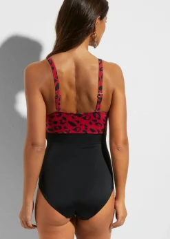 bonprix bonprix Bañador con diseño cruzado Rojo-negro con estampado de leopardo New