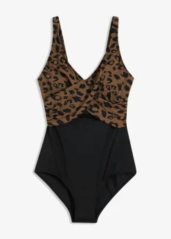 bonprix bonprix Bañador con diseño cruzado Beige-negro con estampado de leopardo