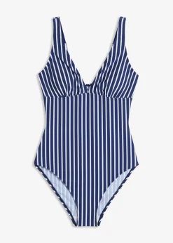 bonprix bonprix Bañador con efecto moldeador medio y escote pronunciado azul oxford-blanco con rayas Hot