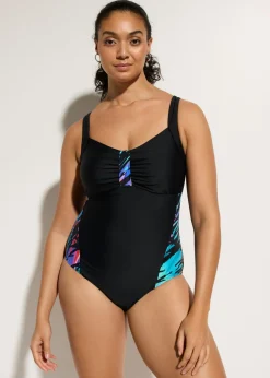 bonprix bonprix Bañador con efecto moldeador medio e insertos estampados Negro Online